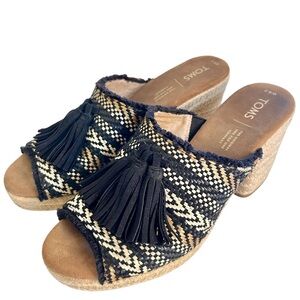 TOMS Mules Women's Chunky Heels Black and Cream Patterned Boho Size 8.5